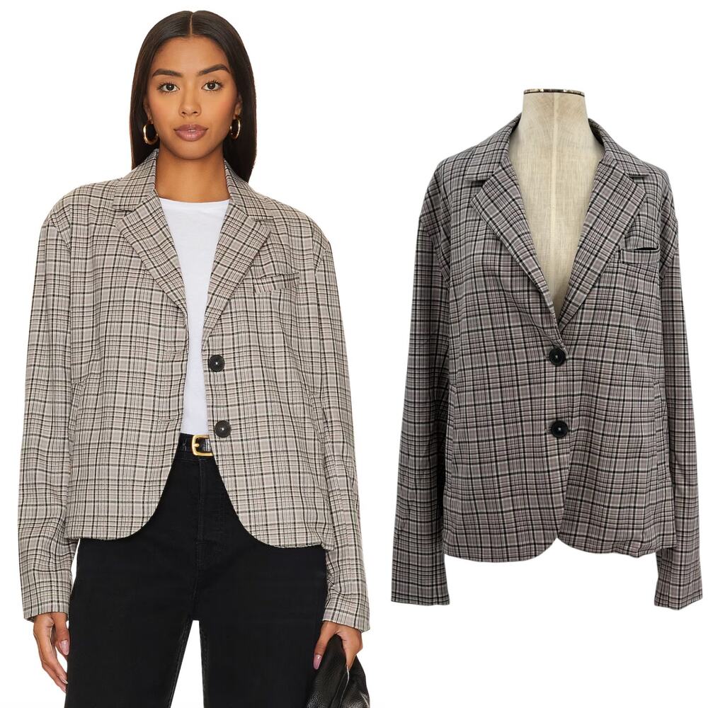 Free People Cali Plaid Blazer Jacket Gray Neutral Size Large